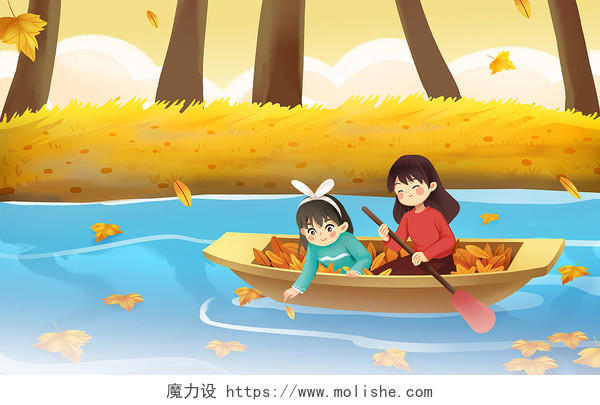 卡通手绘秋天秋游插画载满落叶的小舟与船上的少女原创插画海报